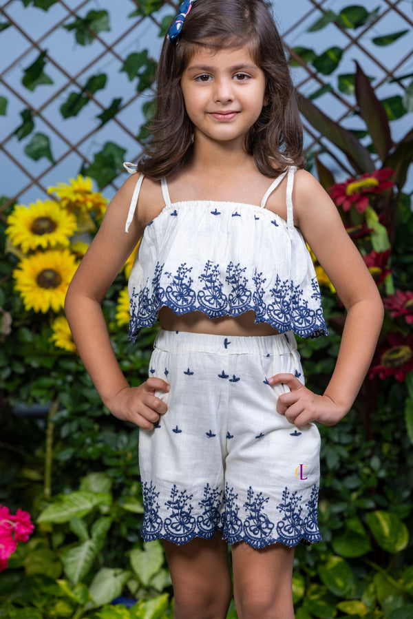 Schiffli Blue Embroidery Crop Top and Shorts Co-ord