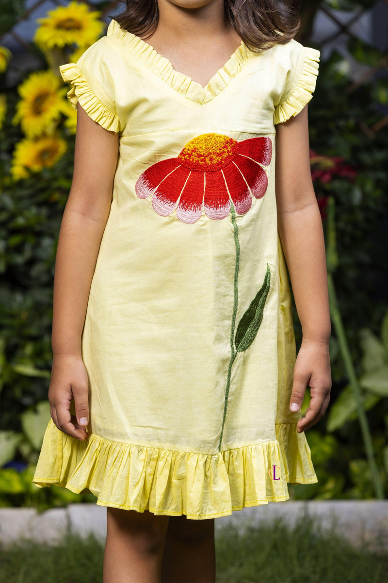 Big Flower Embroidery Yellow Dress