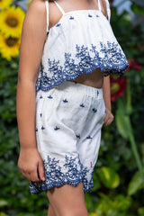 Schiffli Blue Embroidery Crop Top and Shorts Co-ord
