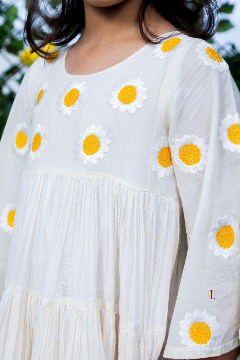 Sunflower Embroidery Tiered Dress