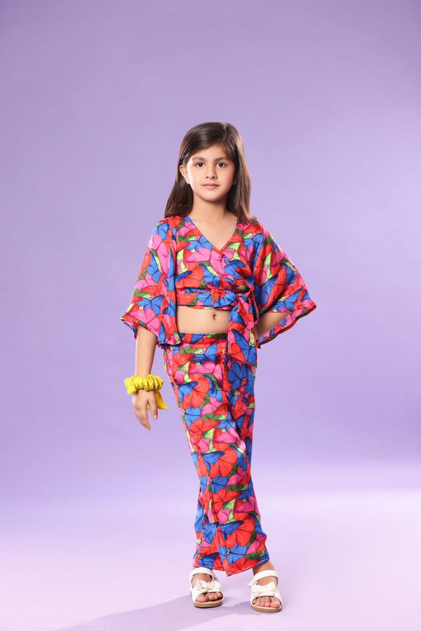BUTTERFLY PRINT BELL SLEEVE CROP TOP AND PANT CO-ORD