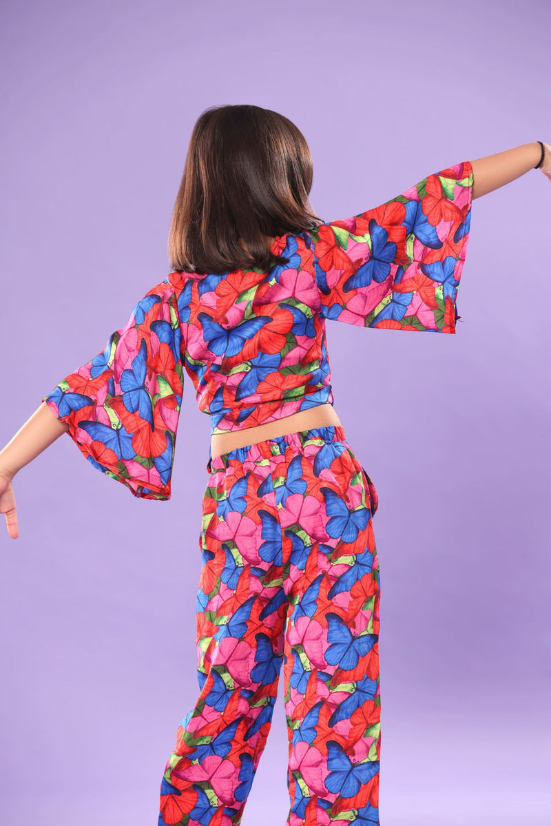 BUTTERFLY PRINT BELL SLEEVE CROP TOP AND PANT CO-ORD