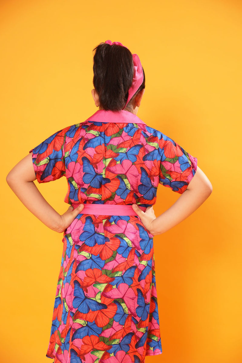 BUTTERFLY PRINT SHIRT DRESS WITH BELT