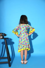 FEATHER PRINT TWO LAYERED RUFFLED DRESS
