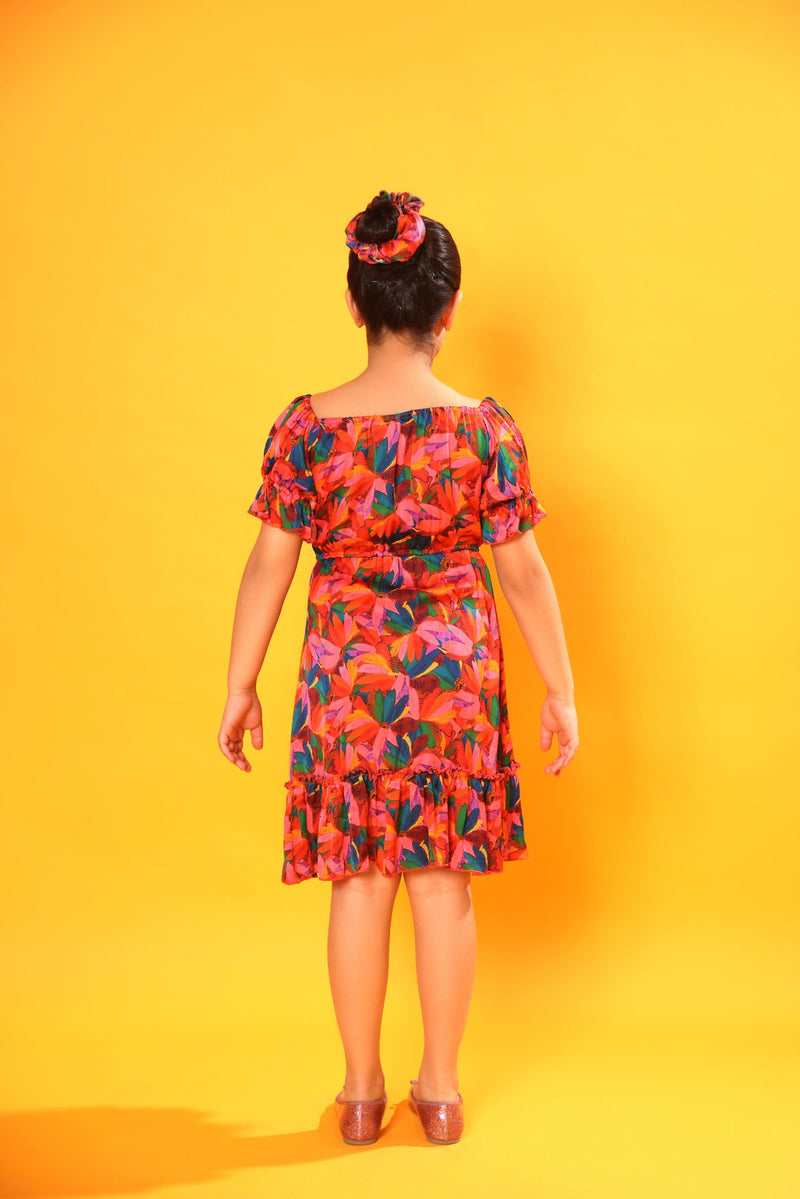 FLORAL PRINT PUFF SLEEVE RUFFLED DRESS