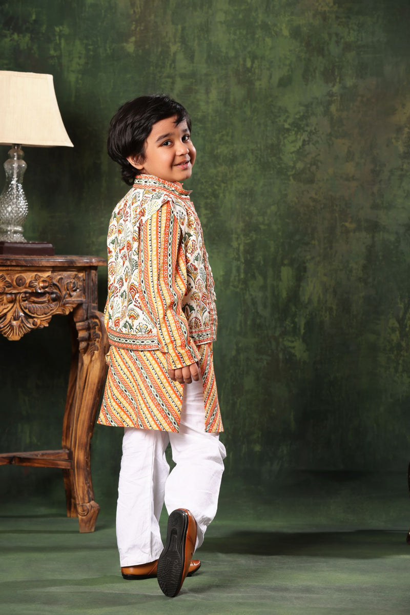 Geometric Print Jacket with Linear Print Kurta Set