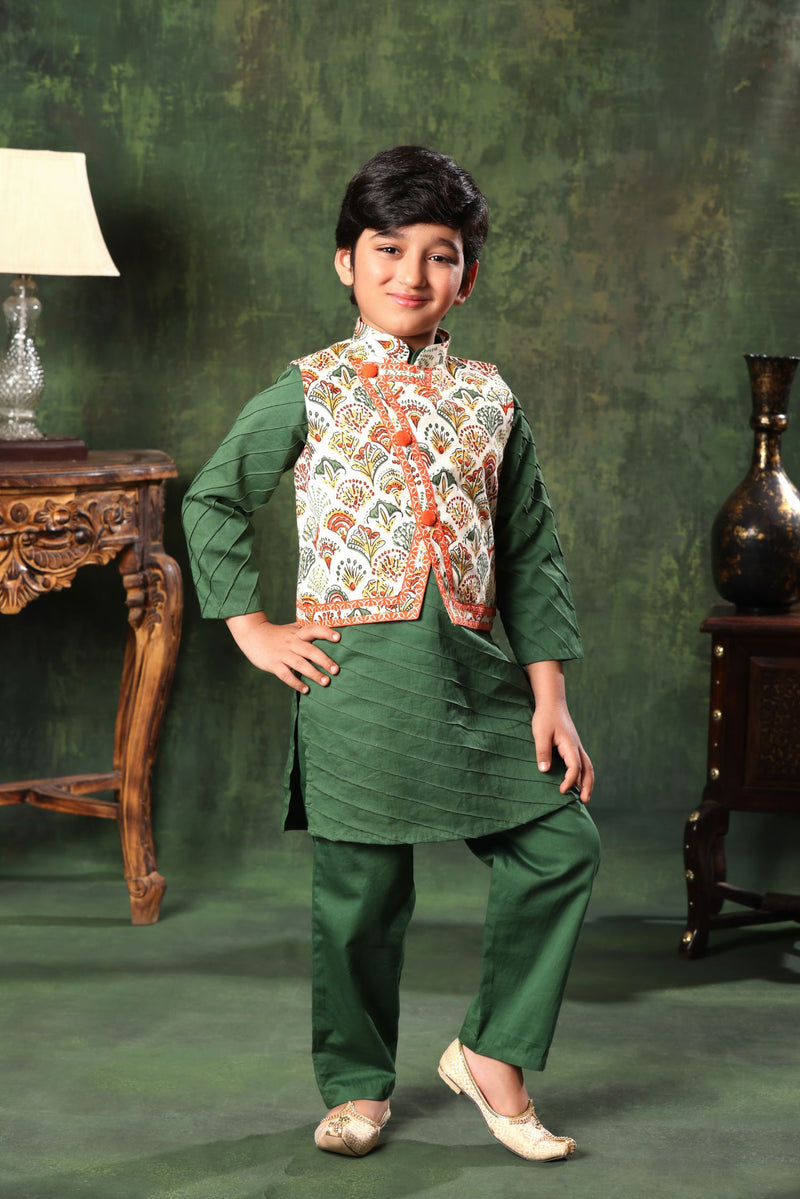 Printed Jacket with Green Kurta and Pyjama Co-ord Set