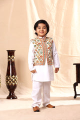 Geometric Print Jacket with White Kurta and Pyjama Co-ord Set