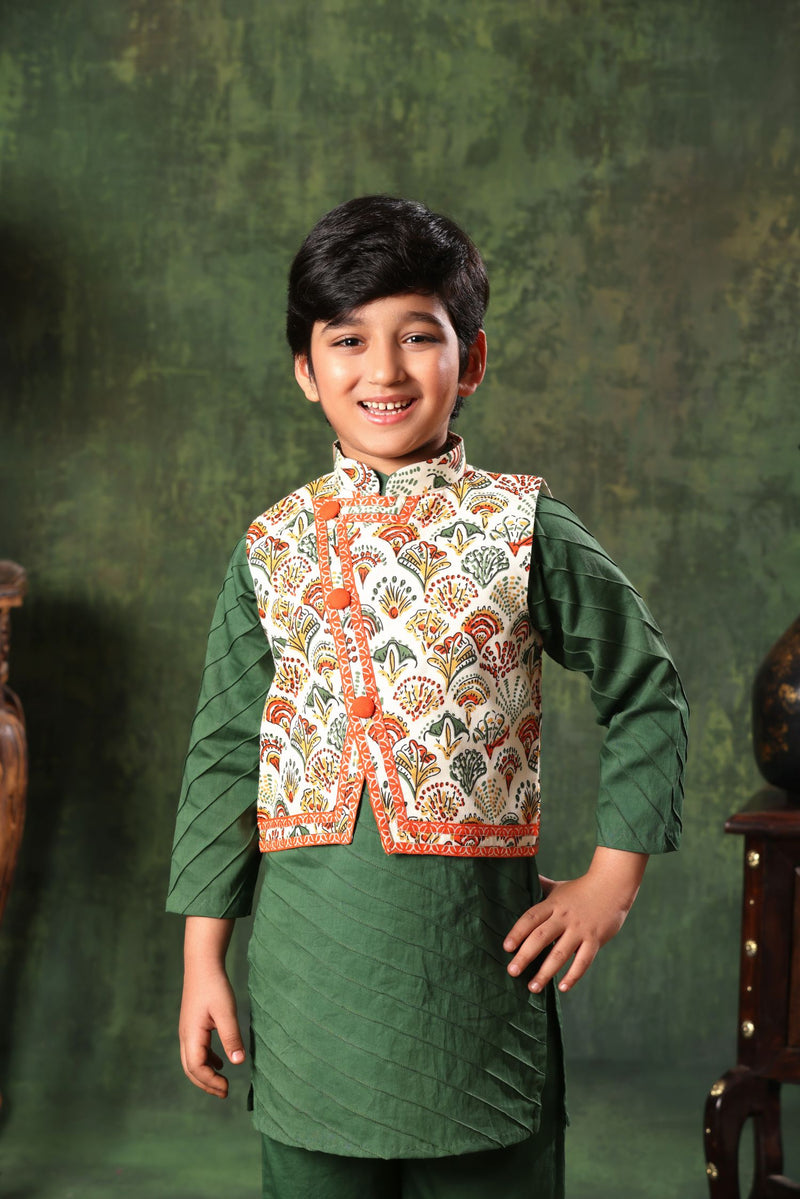 Printed Jacket with Green Kurta and Pyjama Co-ord Set