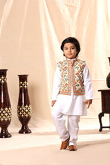 Geometric Print Jacket with White Kurta and Pyjama Co-ord Set