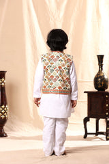 Geometric Print Jacket with White Kurta and Pyjama Co-ord Set