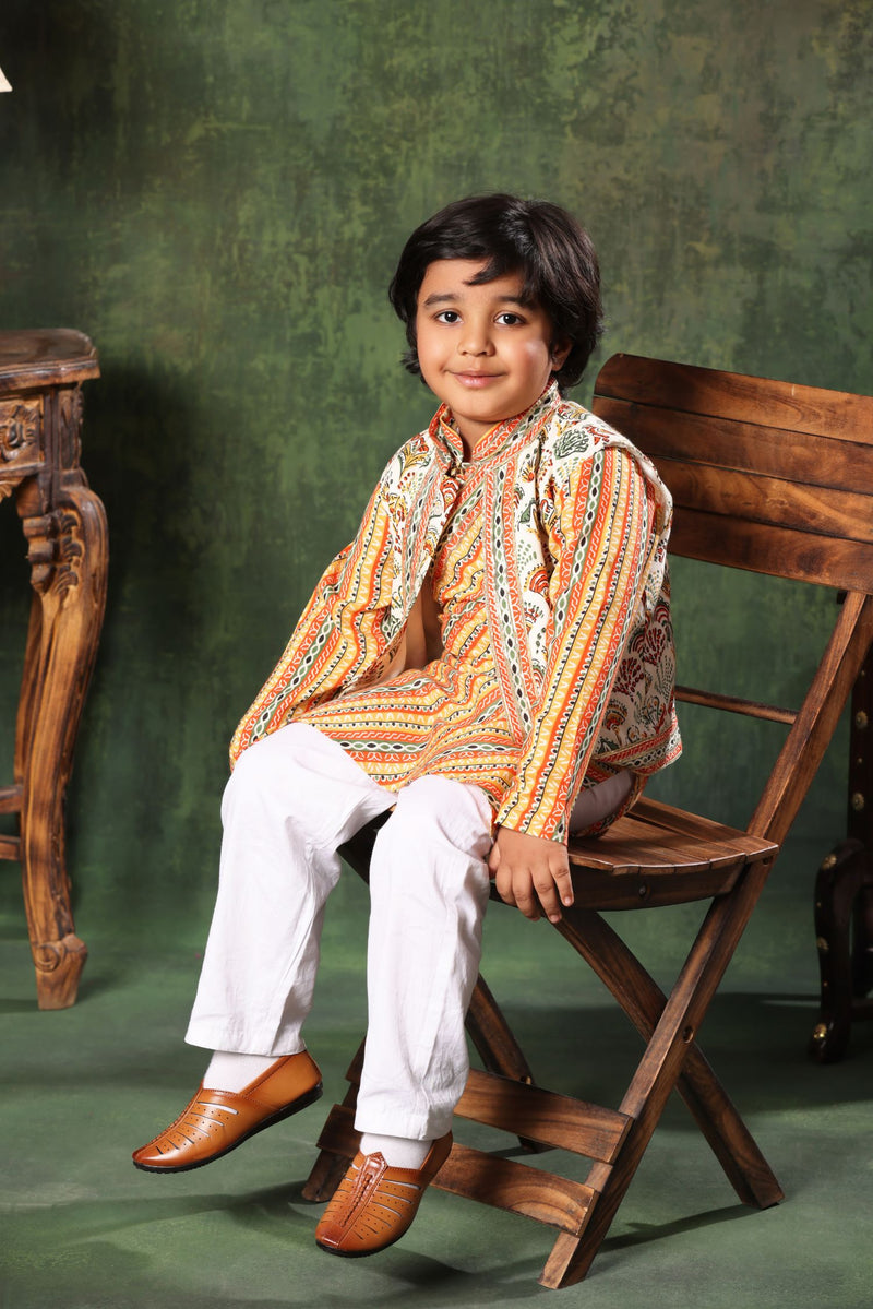 Geometric Print Jacket with Linear Print Kurta Set