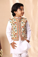 Geometric Print Jacket with White Kurta and Pyjama Co-ord Set