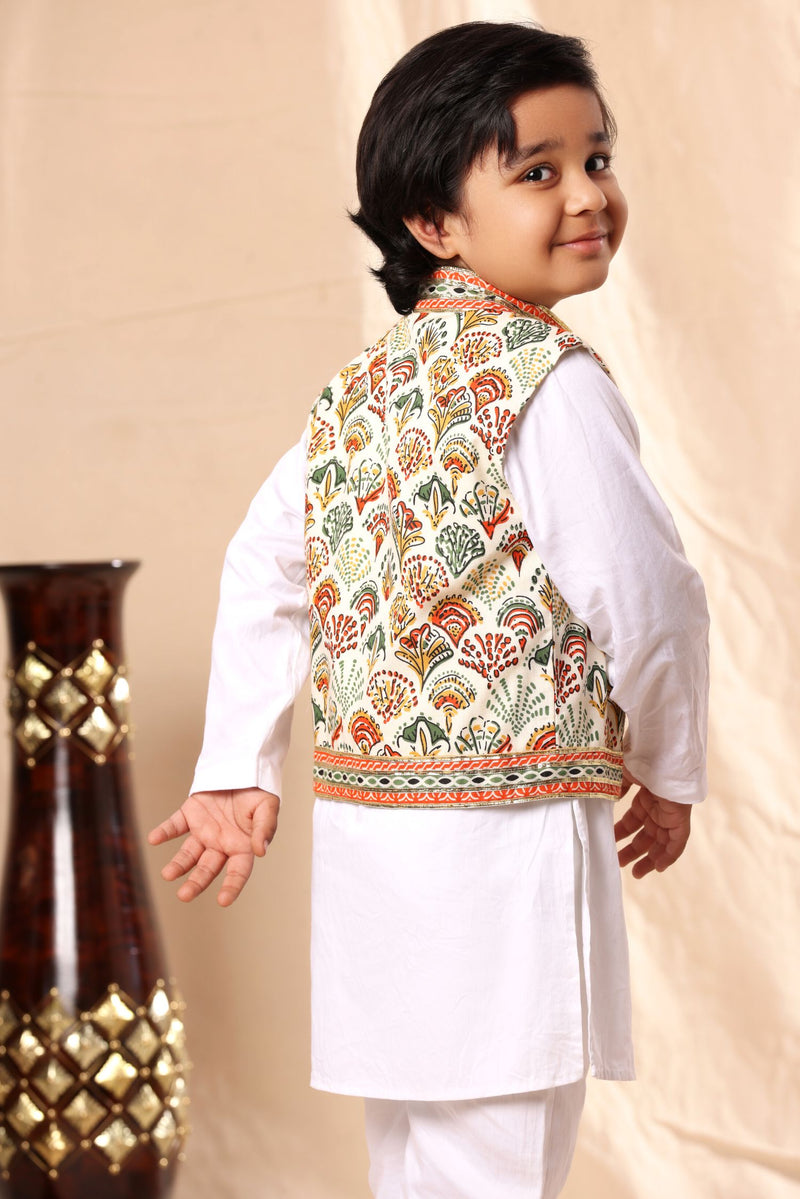 Geometric Print Jacket with White Kurta and Pyjama Co-ord Set