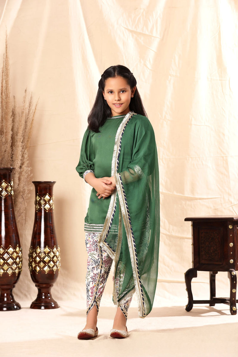 Short Green Kurta with Dhoti Salwar Set