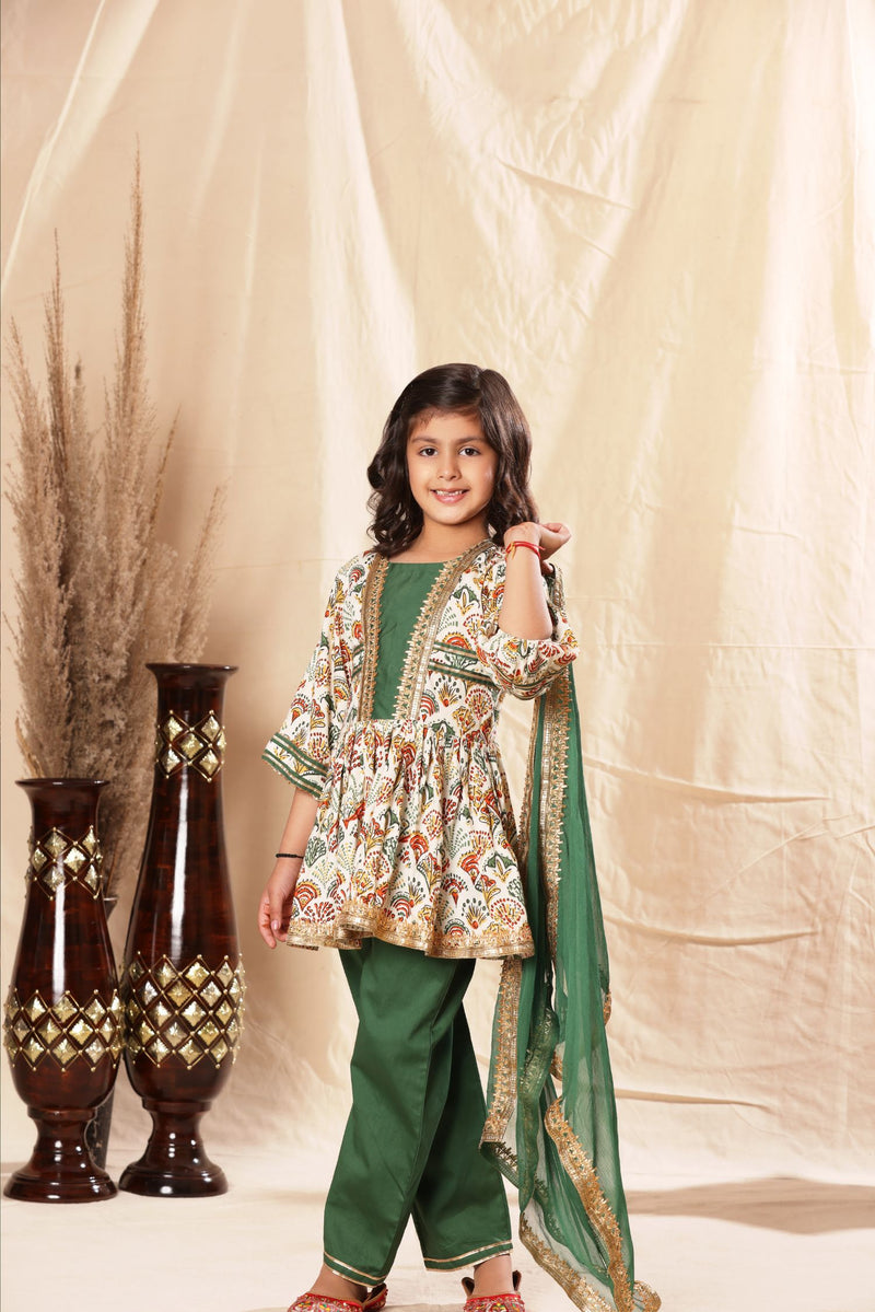 Green Panel Printed Frock Suit Set