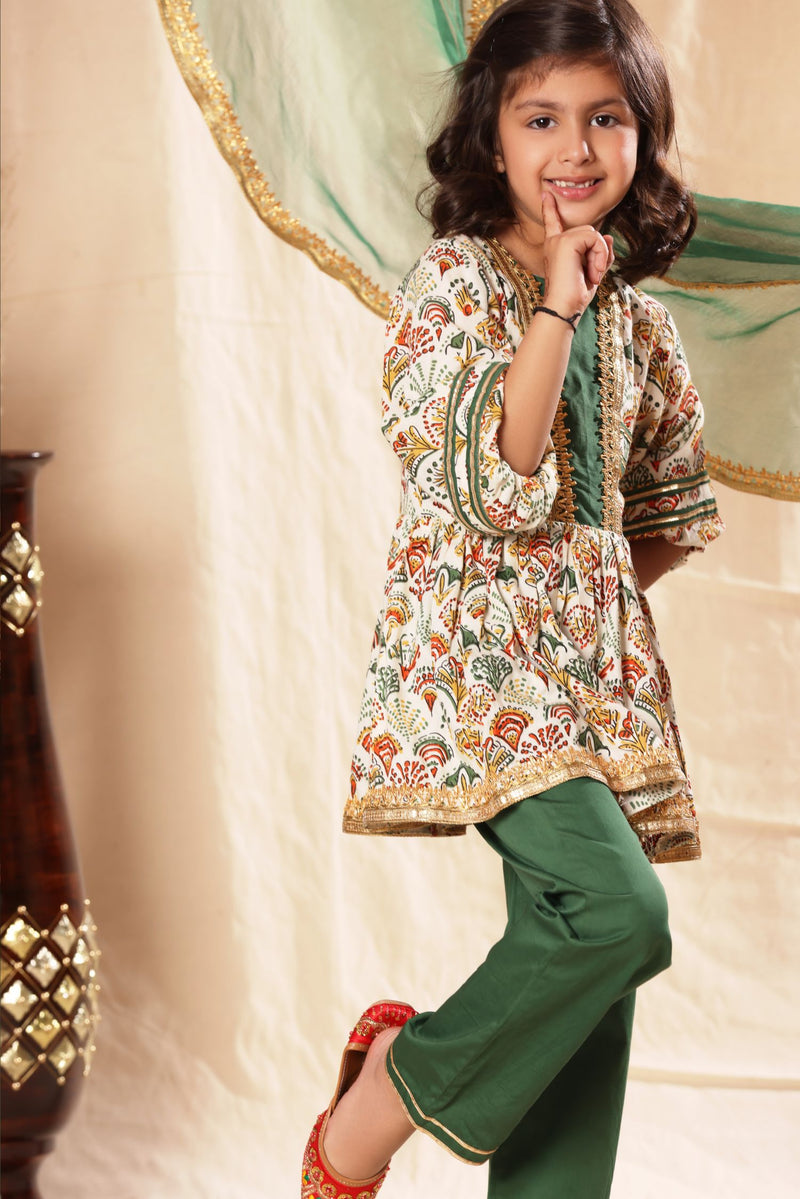 Green Panel Printed Frock Suit Set