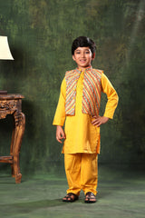 Linear Print Jacket with Mustard Kurta and Pyjama Co-ord Set