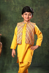 Linear Print Jacket with Mustard Kurta and Pyjama Co-ord Set