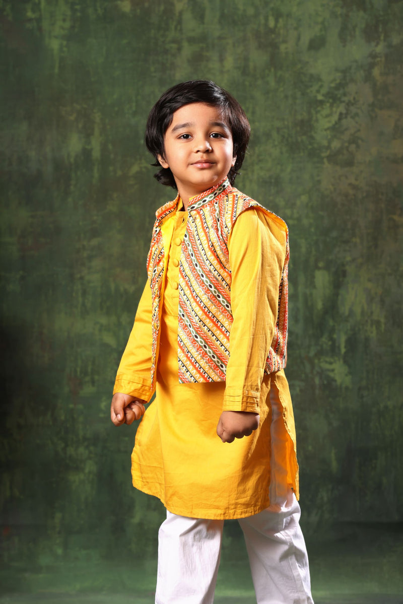 Linear Print Jacket with Mustard Kurta and White Pyjama