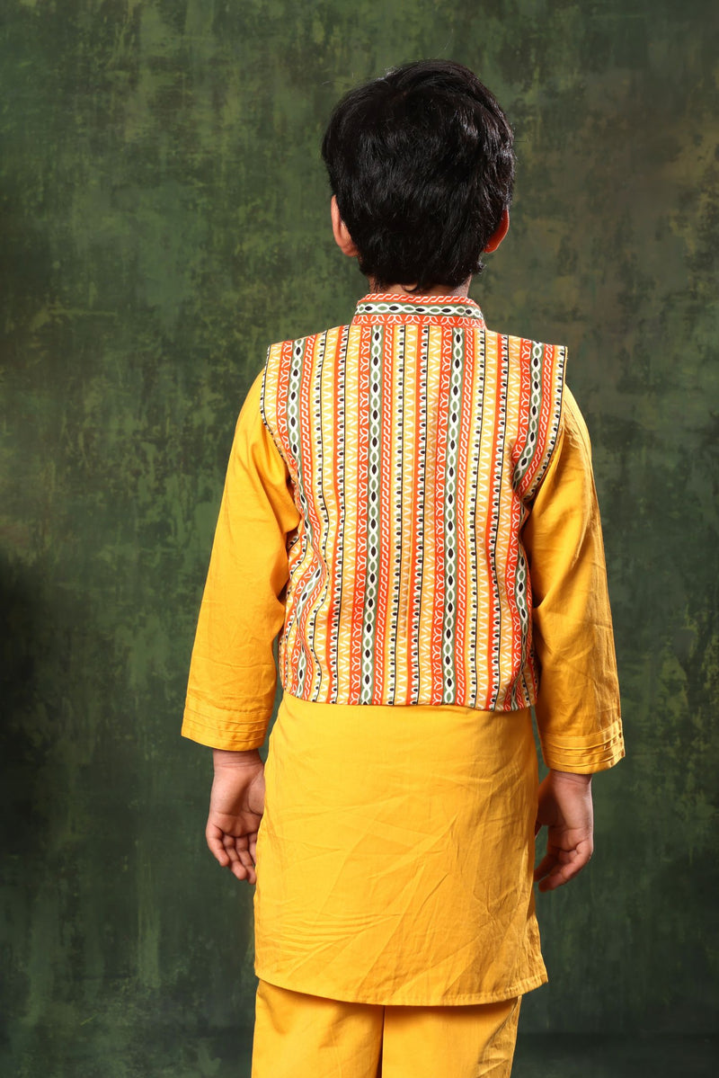 Linear Print Jacket with Mustard Kurta and Pyjama Co-ord Set