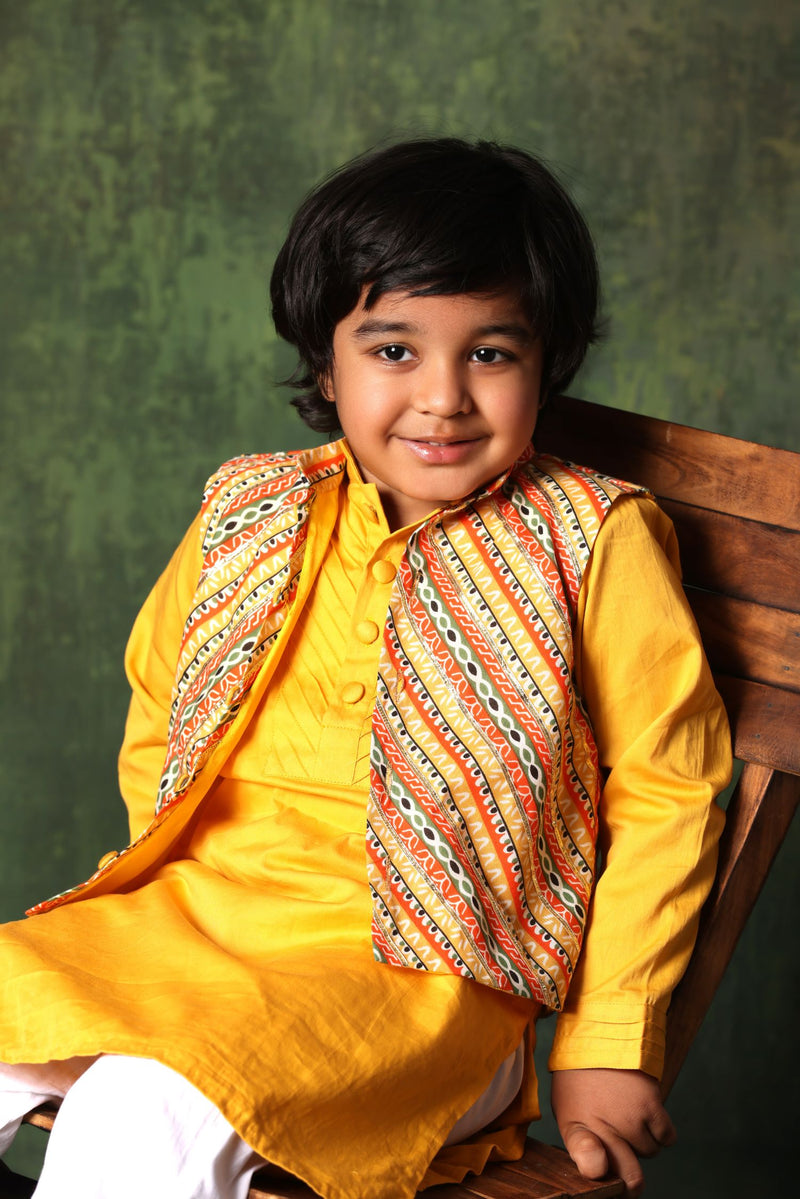 Linear Print Jacket with Mustard Kurta and White Pyjama