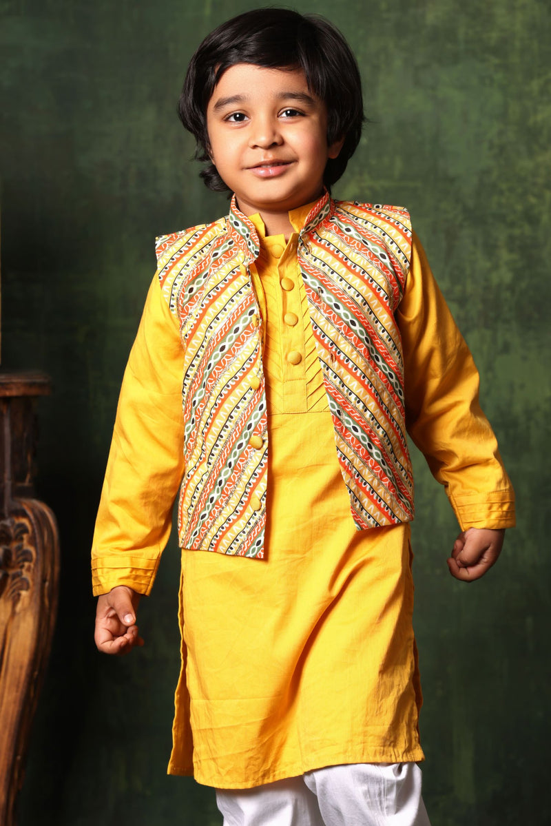 Linear Print Jacket with Mustard Kurta and White Pyjama