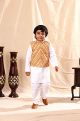 Linear Print Jacket with White Kurta and Pyjama Co-ord Set