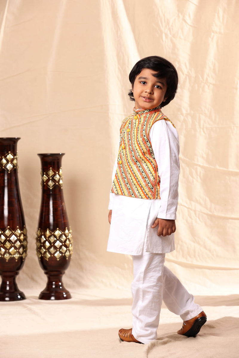 Linear Print Jacket with White Kurta and Pyjama Co-ord Set