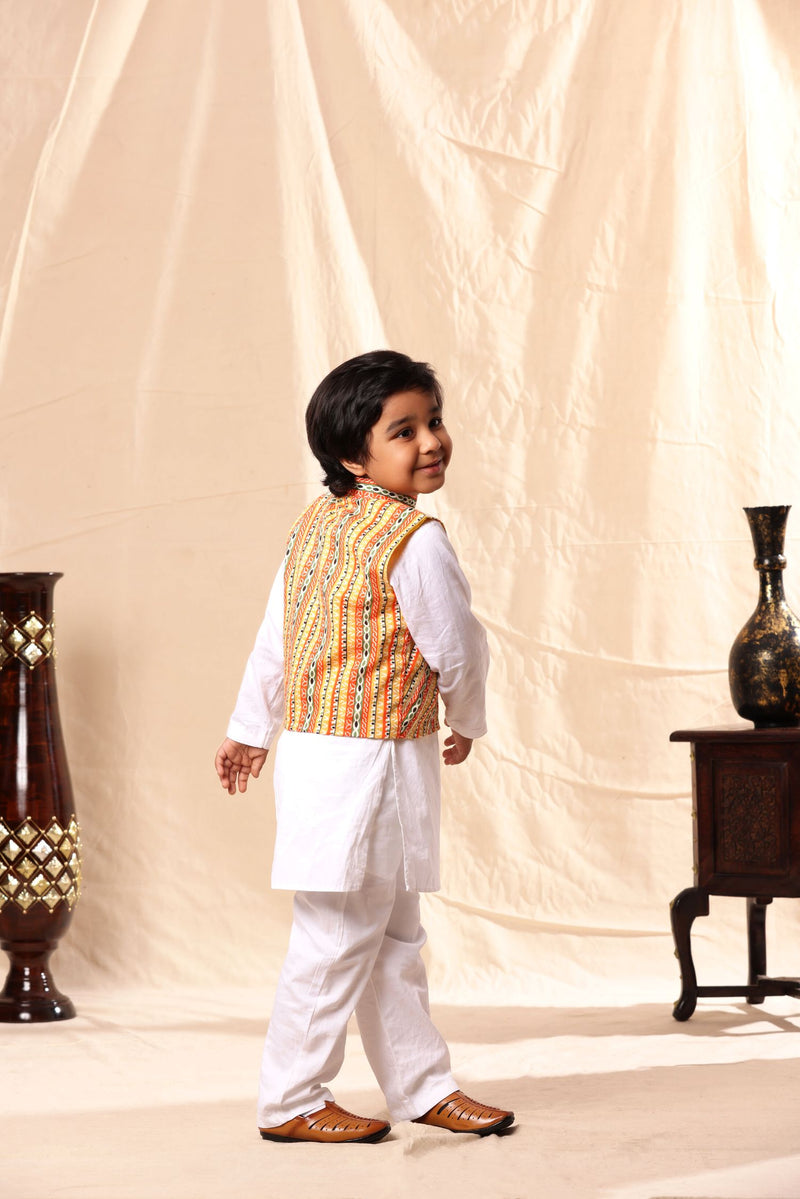 Linear Print Jacket with White Kurta and Pyjama Co-ord Set