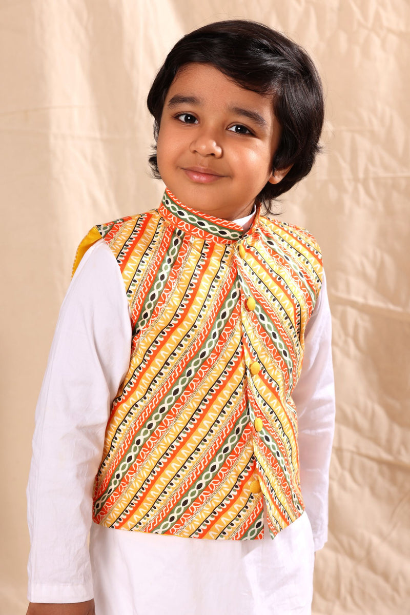 Linear Print Jacket with White Kurta and Pyjama Co-ord Set