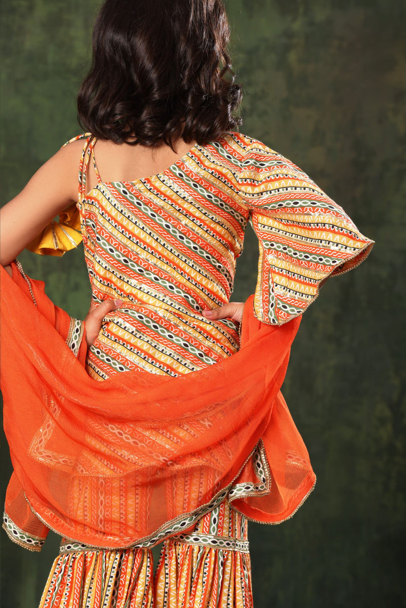 Embellished Printed Off-Shoulder Kurti with Sharara Set