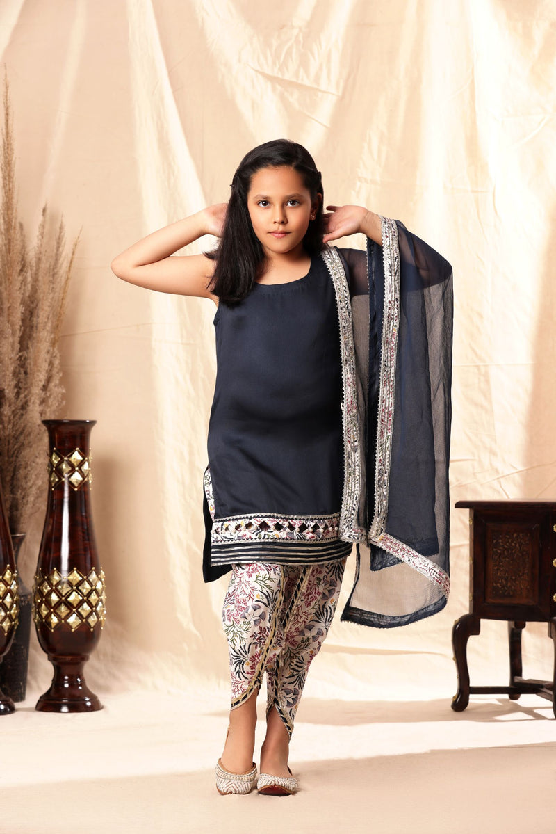 Navy Blue Pearl Border Kurta with Floral Print Dhoti Salwar Set