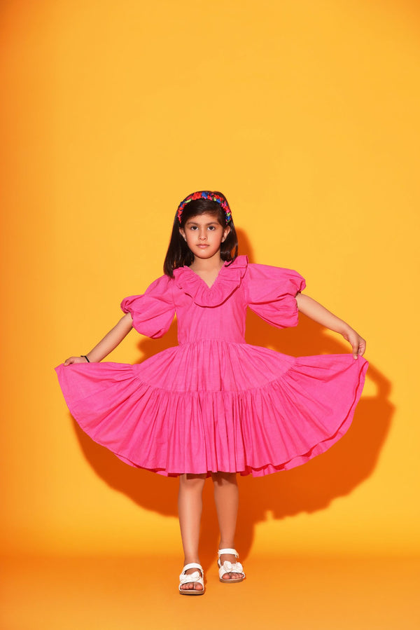PINK TWO TIERED BALLOON SLEEVES DRESS