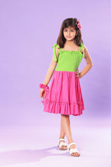 PINK AND GREEN SMOCKED BODICE RUFFLED SKIRT DRESS