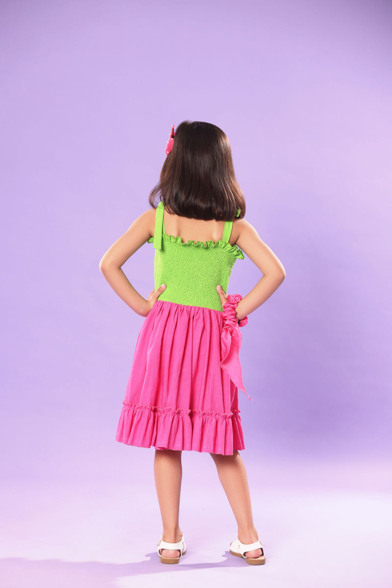 PINK AND GREEN SMOCKED BODICE RUFFLED SKIRT DRESS