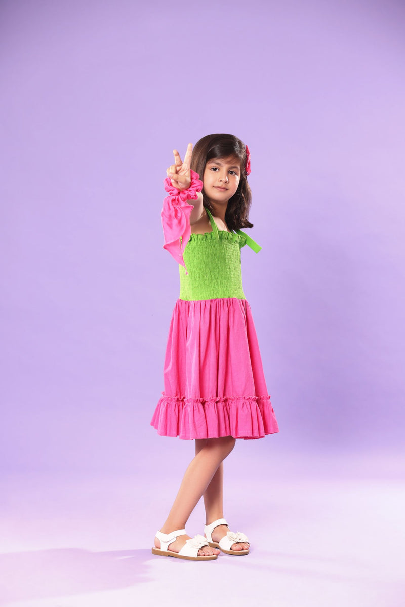 PINK AND GREEN SMOCKED BODICE RUFFLED SKIRT DRESS
