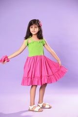 PINK AND GREEN SMOCKED BODICE RUFFLED SKIRT DRESS