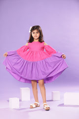 PINK AND PURPLE BELL SLEEVE BABY DOLL DRESS
