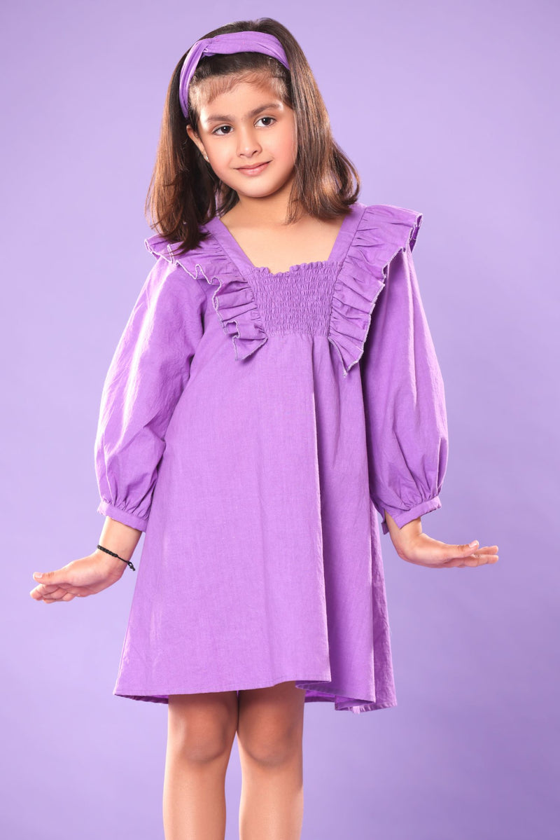 PURPLE SMOCKED YOKE FULL SLEEVE DRESS