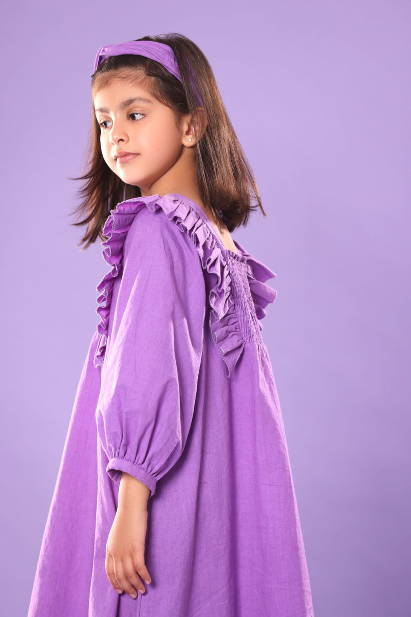 PURPLE SMOCKED YOKE FULL SLEEVE DRESS