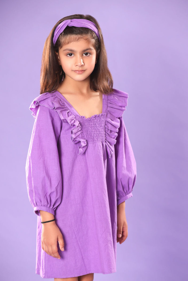 PURPLE SMOCKED YOKE FULL SLEEVE DRESS