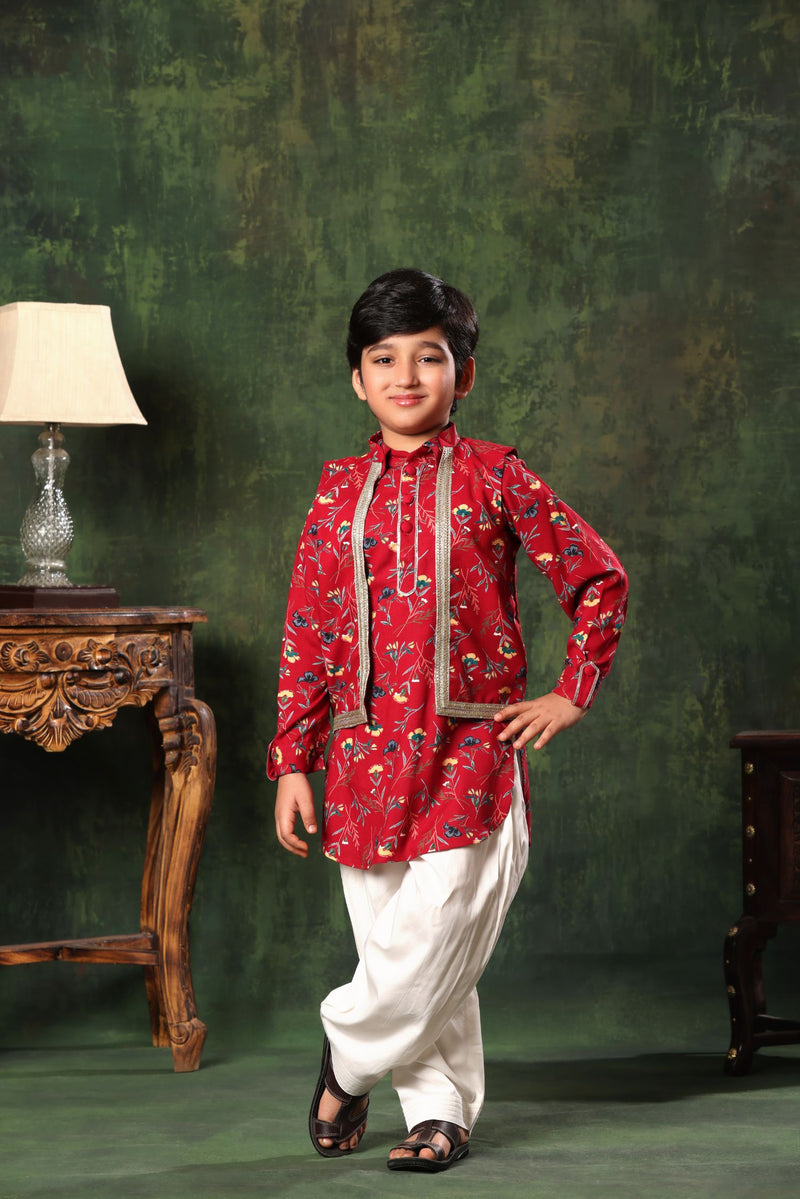 Floral Print Jacket On Red Printed Kurta And Salwar