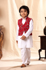 Red Floral Print Jacket with White Kurta Set