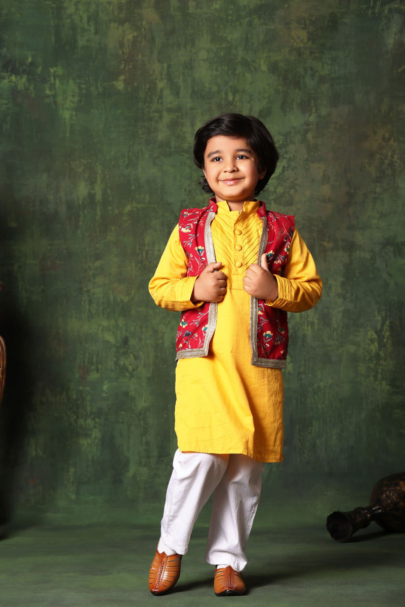 Red Floral Print Jacket With Mustard Kurta Set