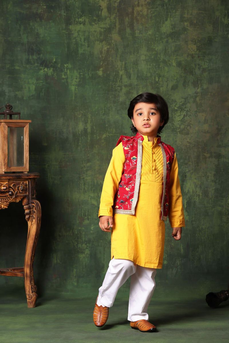 Red Floral Print Jacket With Mustard Kurta Set