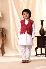 Red Floral Print Jacket with White Kurta Set