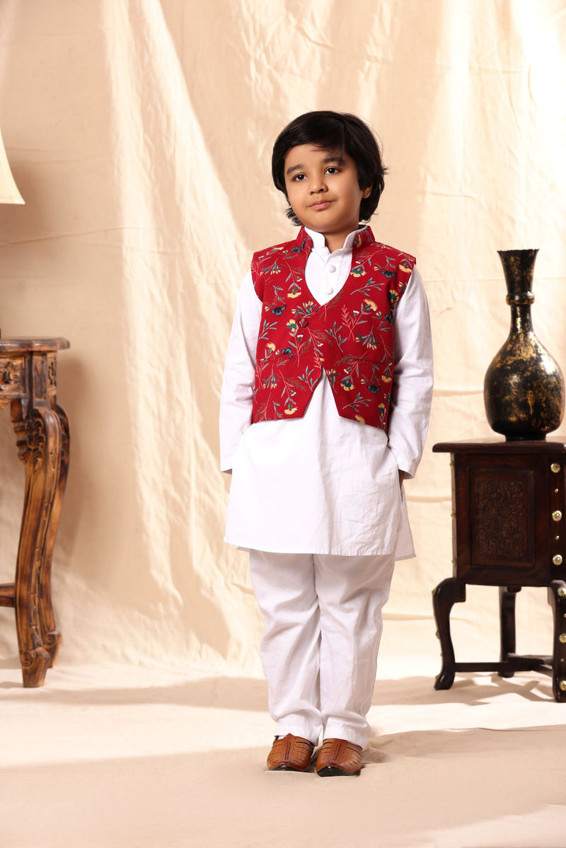 Red Floral Print Jacket with White Kurta Set