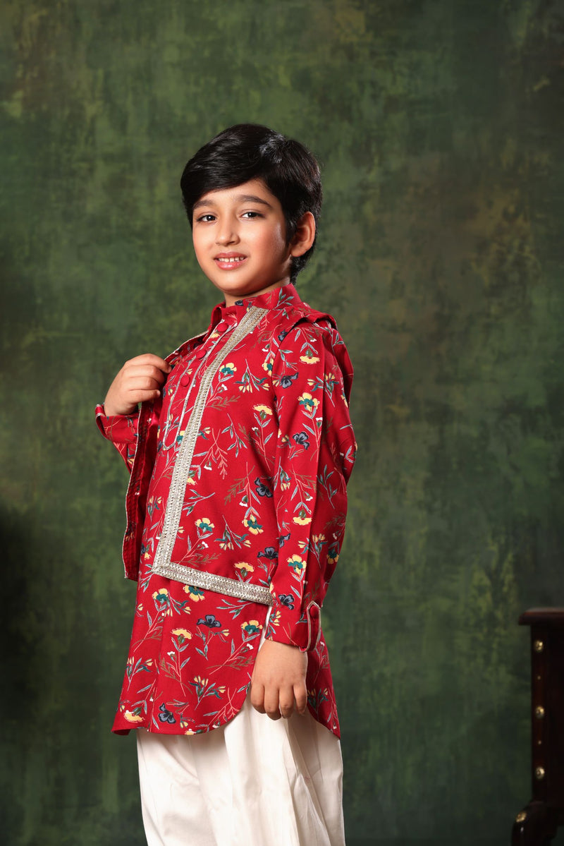 Floral Print Jacket On Red Printed Kurta And Salwar