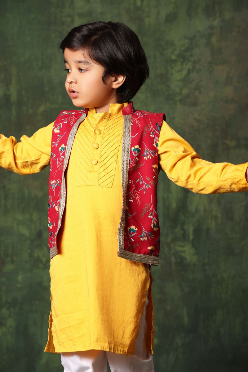 Red Floral Print Jacket With Mustard Kurta Set